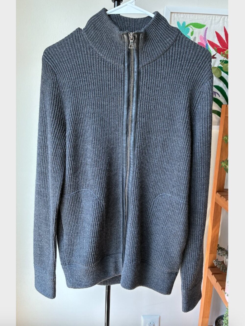 Vince Wool Ribbed Knit Full-Zip Sweater in Dark Gray w/ Leather Details - Size S